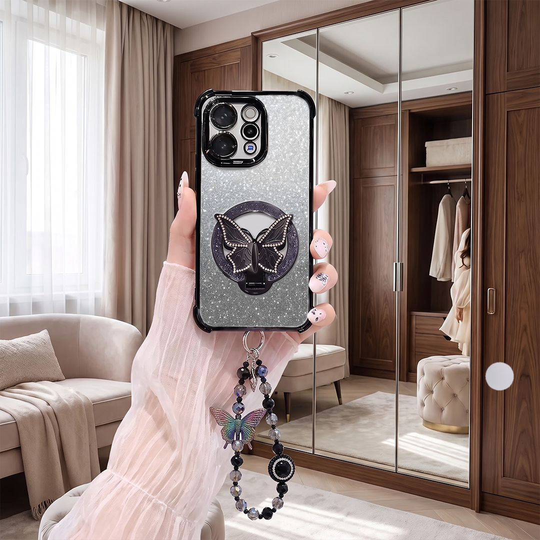 Vivo V70 5G Luxury Shimmer Airbag Butterfly Stand Case with Charm Strap