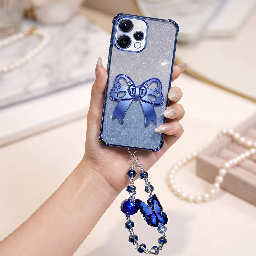 Oppo Reno 15 5G Luxury Shimmer Airbag Bow Stand Case with Charm Strap