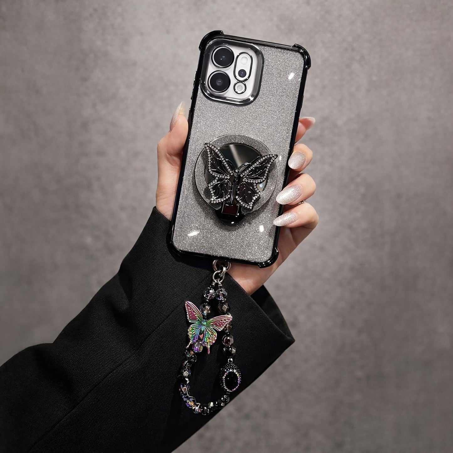 Oppo Reno 14 5G Luxury Shimmer Airbag Butterfly Stand Case with Charm Strap
