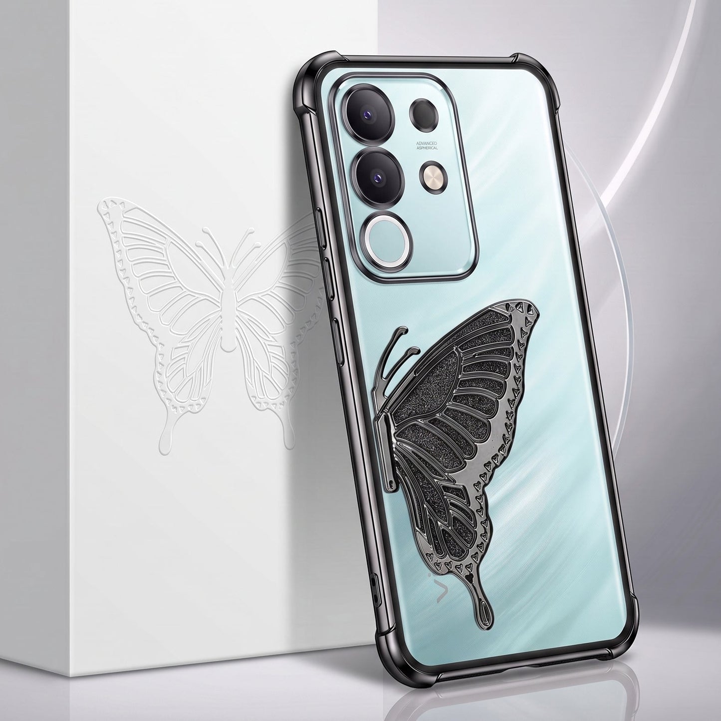 Vivo T4x 5G Premium Butterfly Glitter Stand Transparent Shockproof Airbag Phone Case