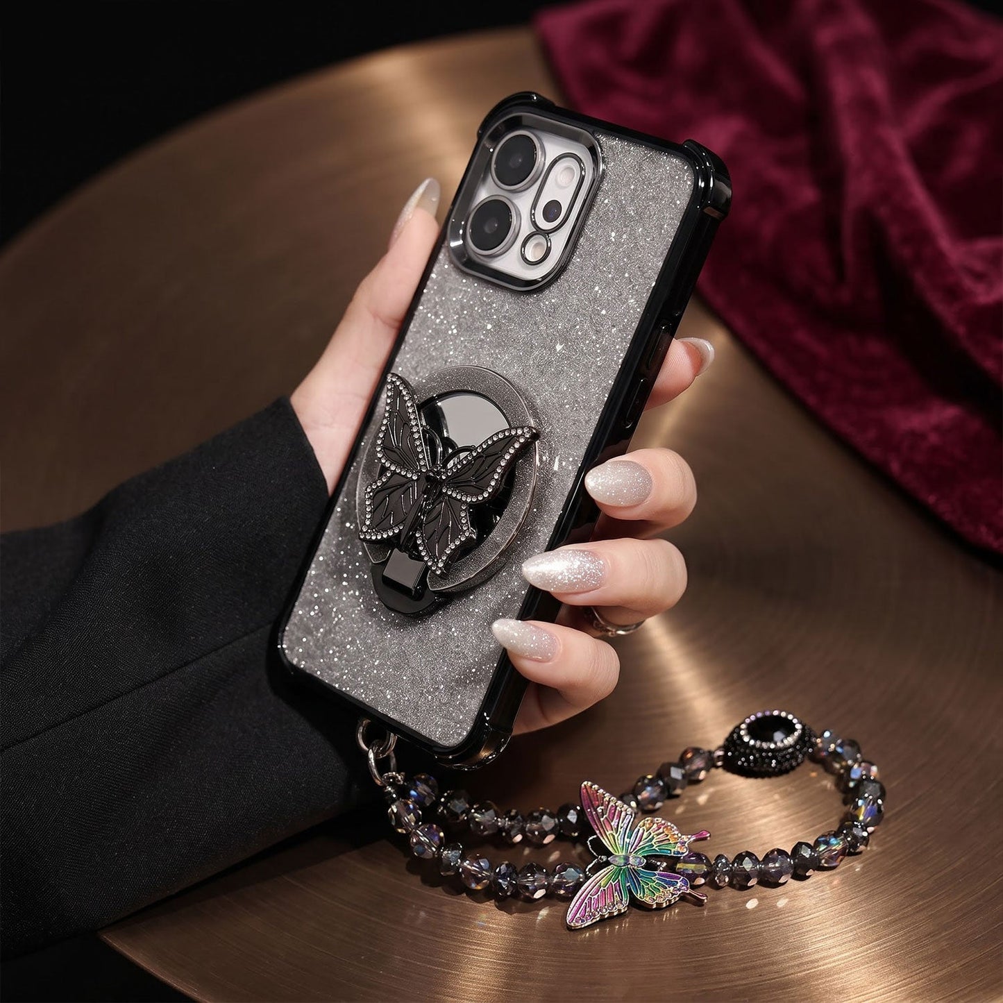 Oppo Reno 14 5G Luxury Shimmer Airbag Butterfly Stand Case with Charm Strap