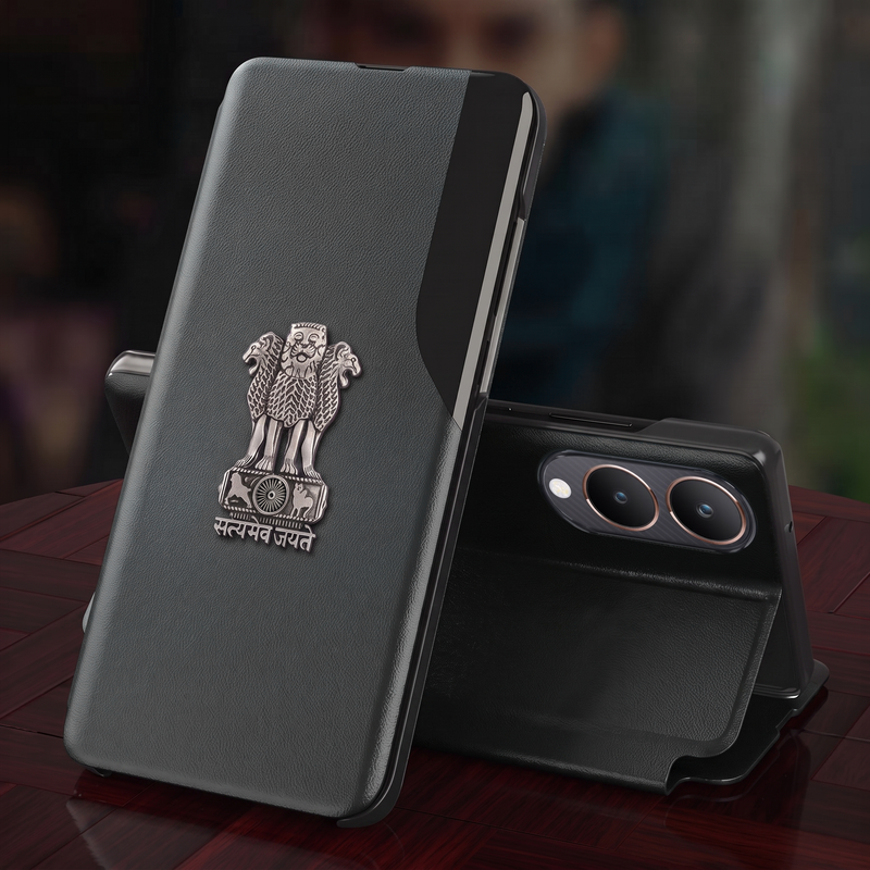 Vivo Y28 5G Metal Emblem Satyamev Jayate Half Window Leather Flip Case
