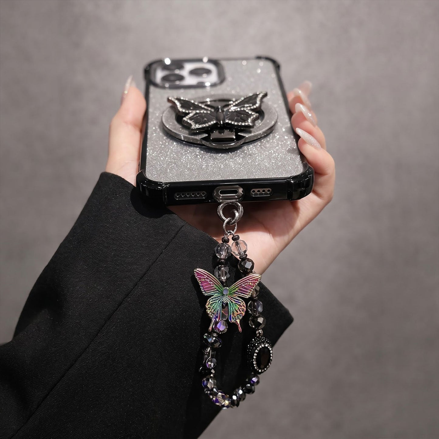 Oppo Reno 14 5G Luxury Shimmer Airbag Butterfly Stand Case with Charm Strap