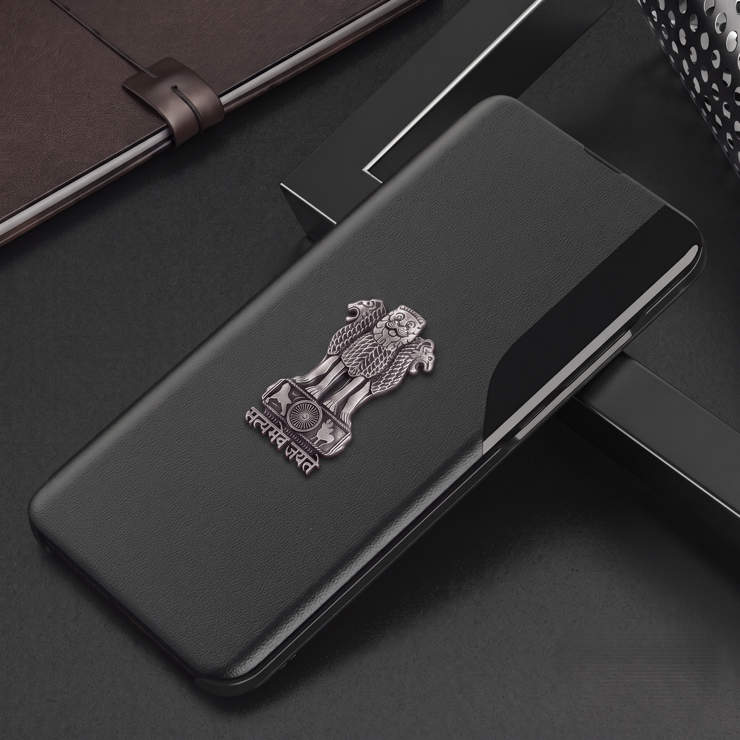 Vivo V40 Pro 5G Metal Emblem Satyamev Jayate Half Window Leather Flip Case