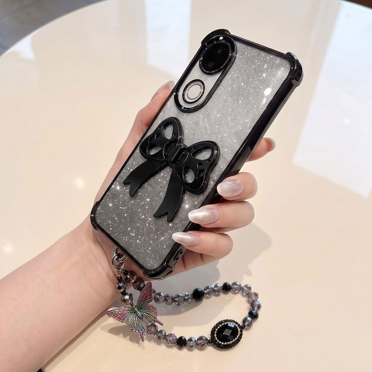 Vivo V50 5G Luxury Shimmer Airbag Bow Stand Case with Charm Strap