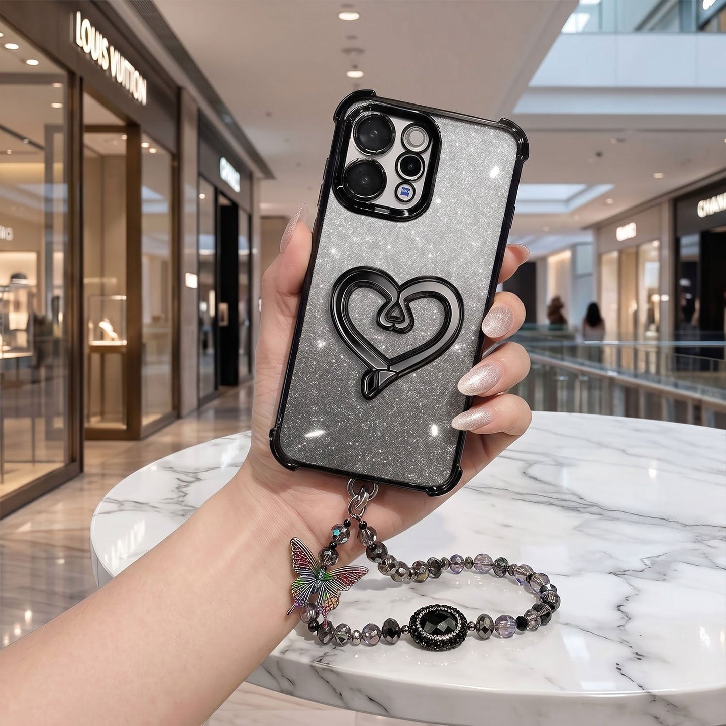 Vivo V70 5G Luxury Shimmer Airbag Heart Stand Case with Charm Strap