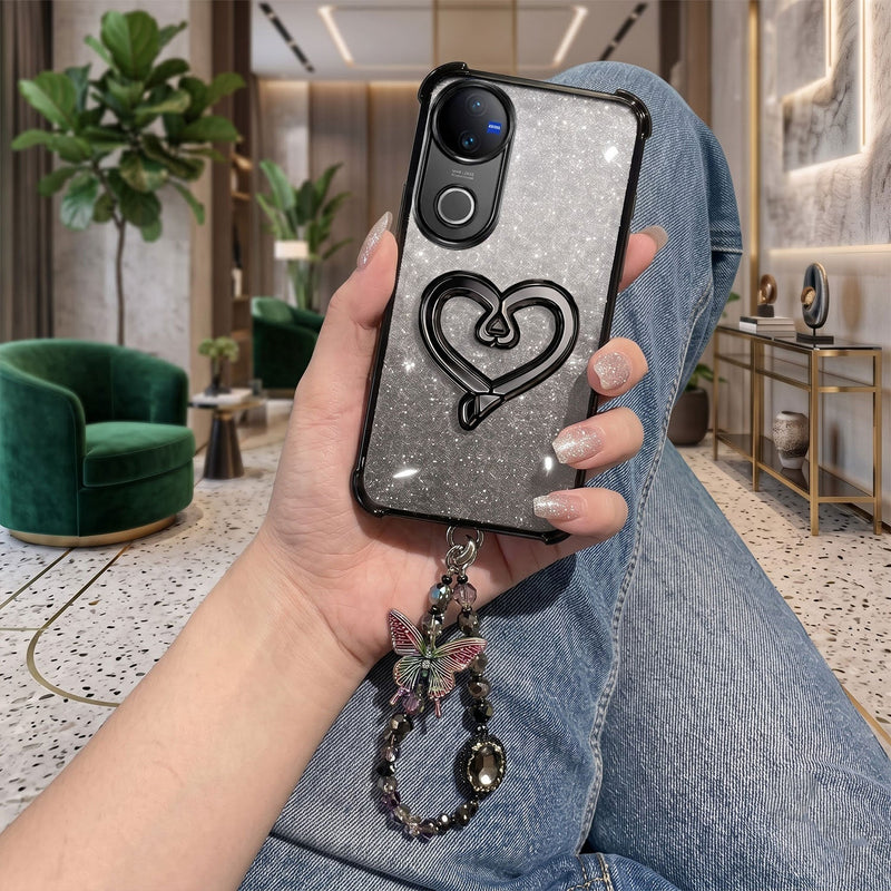 Vivo V50 5G Luxury Shimmer Airbag Heart Stand Case with Charm Strap