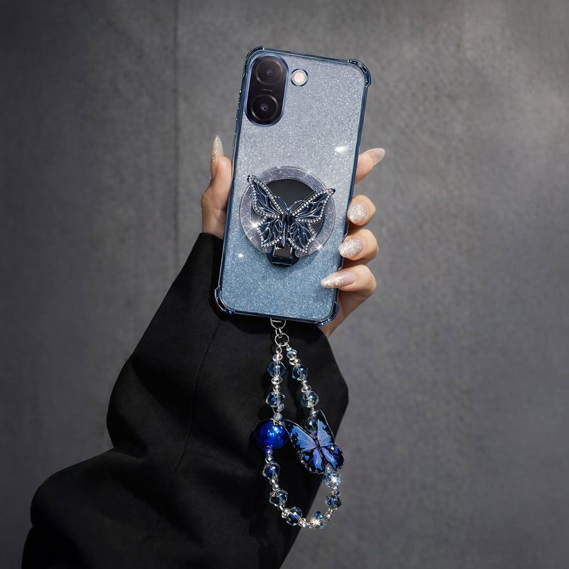 Vivo V60e 5G Luxury Shimmer Airbag Butterfly Stand Case with Charm Strap