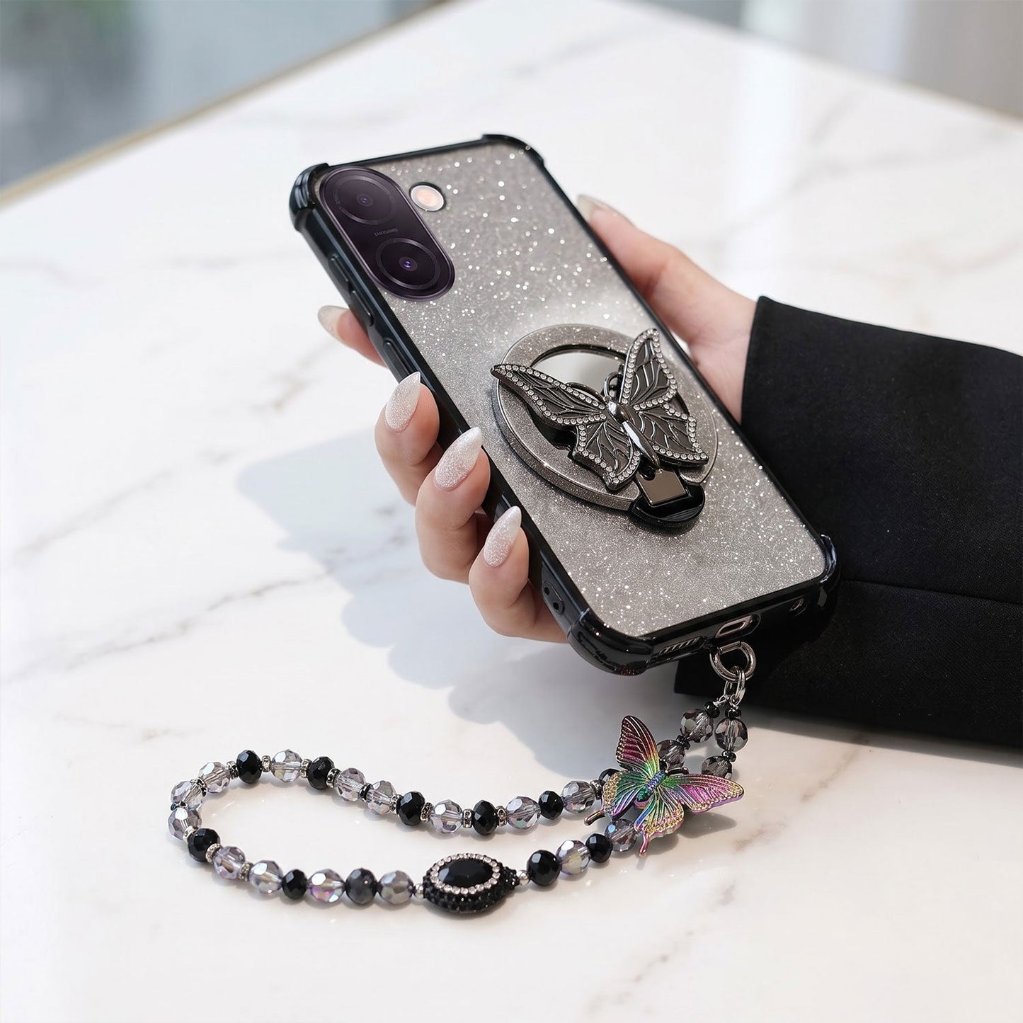 Vivo V60e 5G Luxury Shimmer Airbag Butterfly Stand Case with Charm Strap