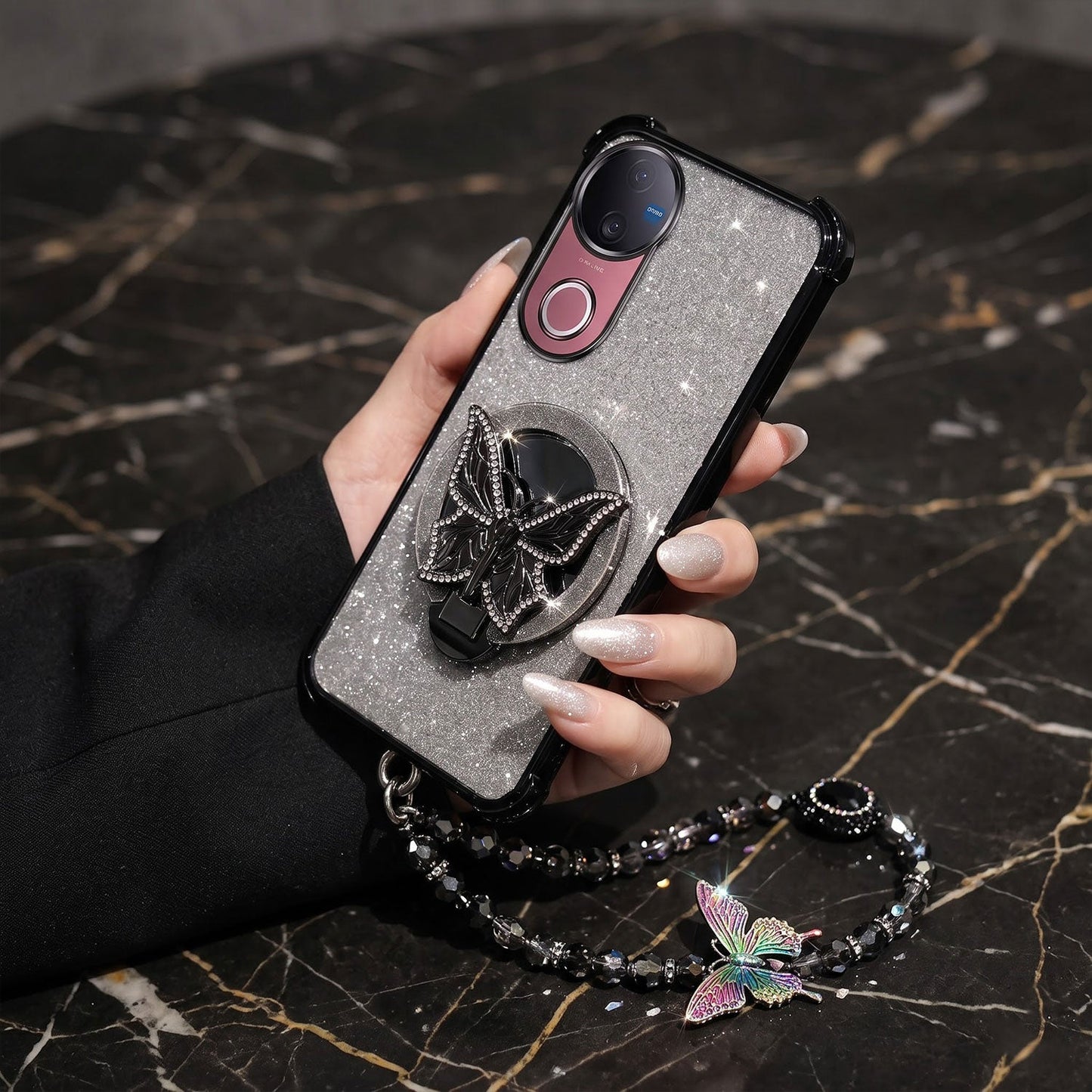 Vivo V50 5G Luxury Shimmer Airbag Butterfly Stand Case with Charm Strap