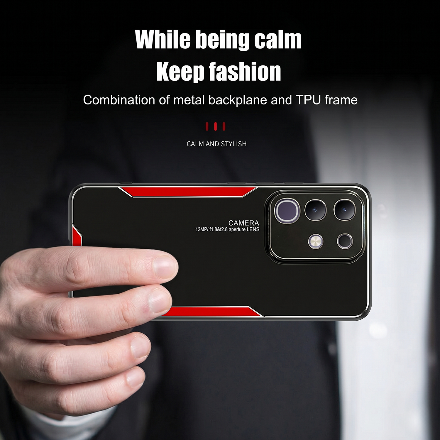 Premium black-red shockproof phone case with metal back and camera protection.