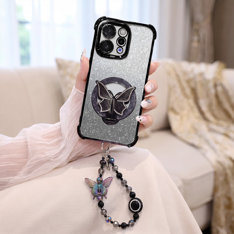 Vivo V70 5G Luxury Shimmer Airbag Butterfly Stand Case with Charm Strap