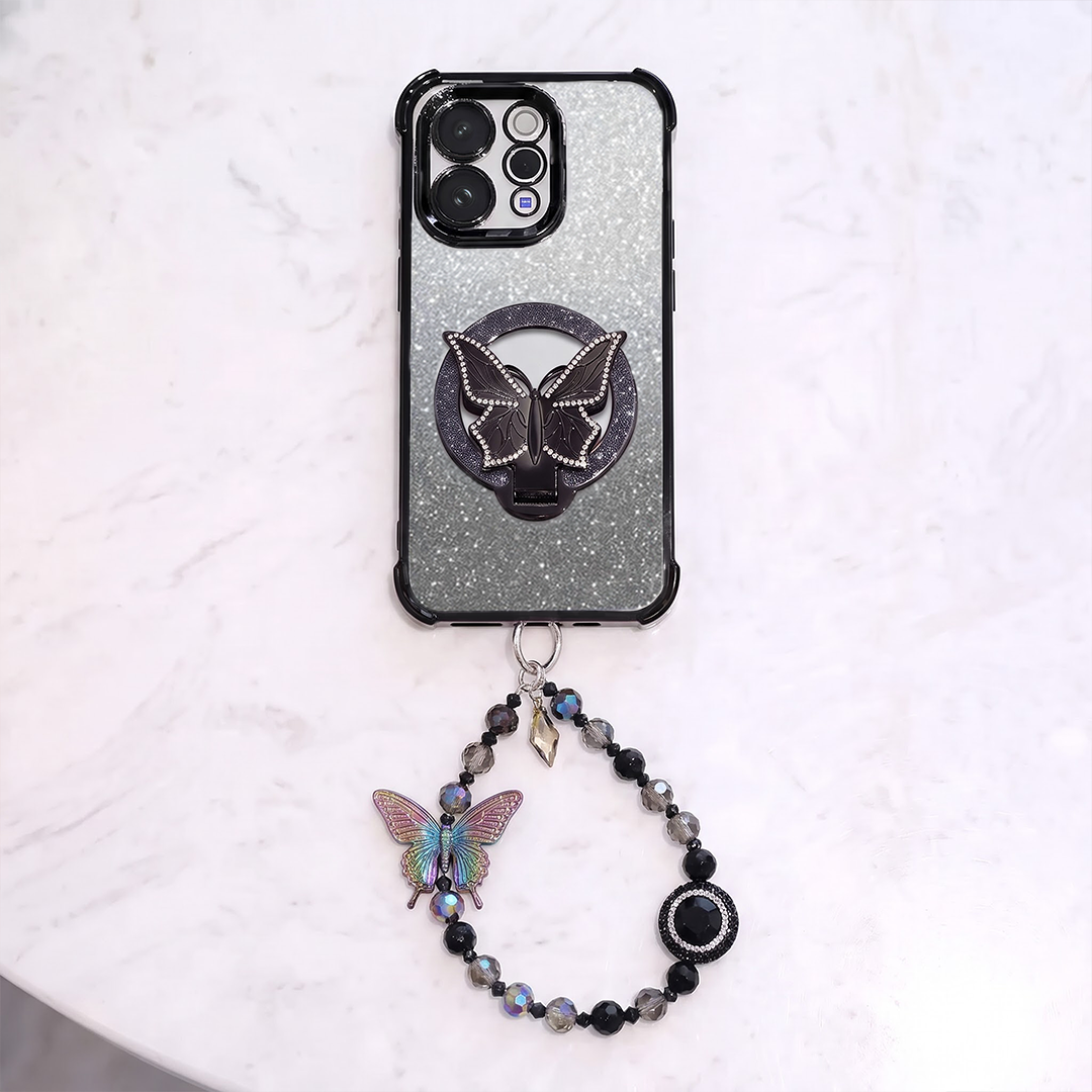 Vivo V70 5G Luxury Shimmer Airbag Butterfly Stand Case with Charm Strap