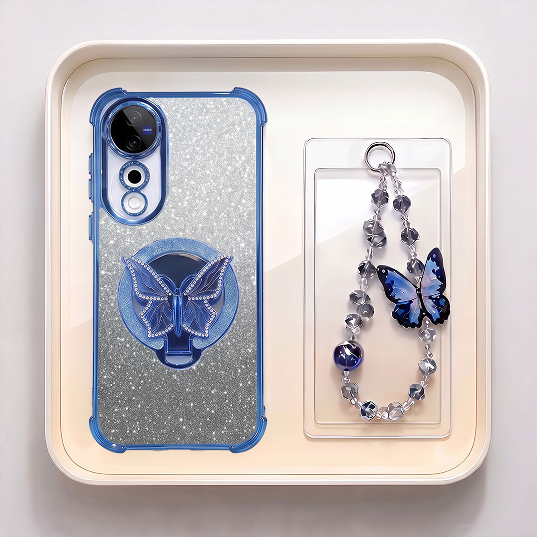 Vivo V40 Pro 5G Luxury Shimmer Airbag Butterfly Stand Case with Charm Strap