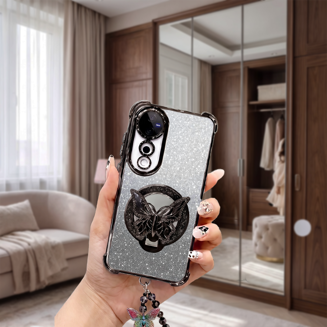 Vivo V40 Pro 5G Luxury Shimmer Airbag Butterfly Stand Case with Charm Strap