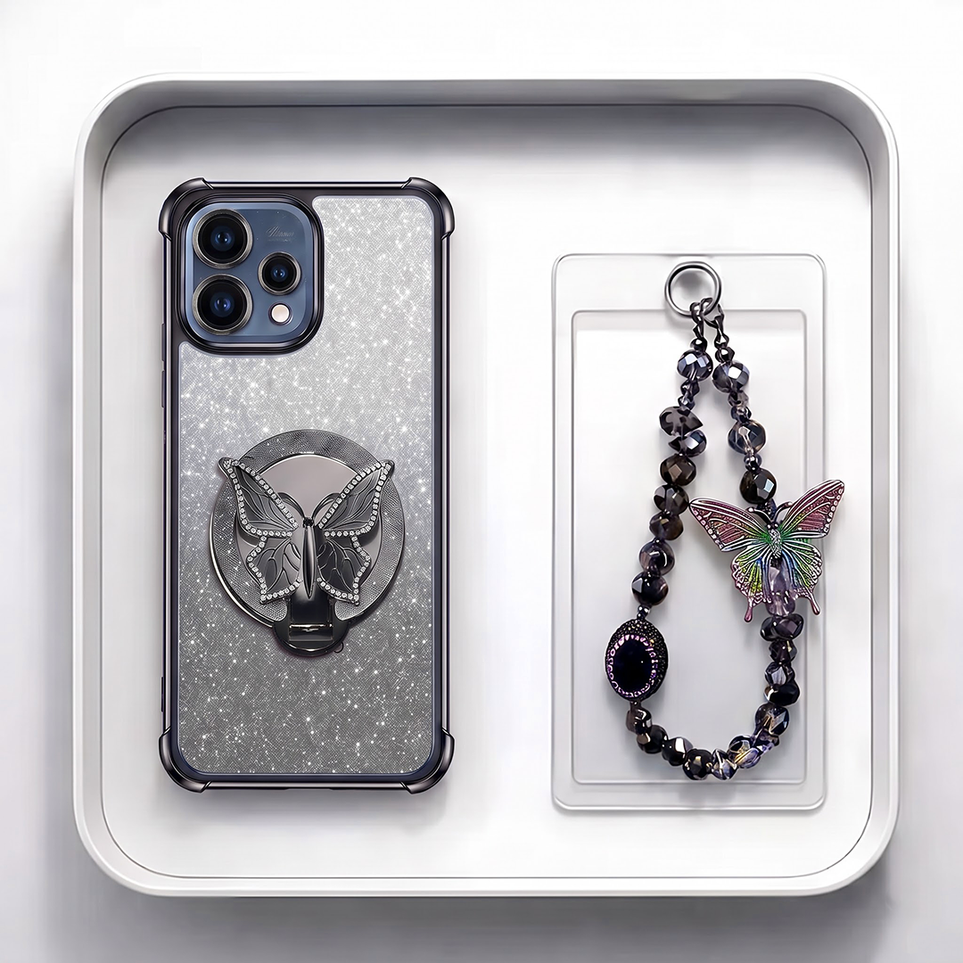 Oppo Reno 15 5G Luxury Shimmer Airbag Butterfly Stand Case with Charm Strap