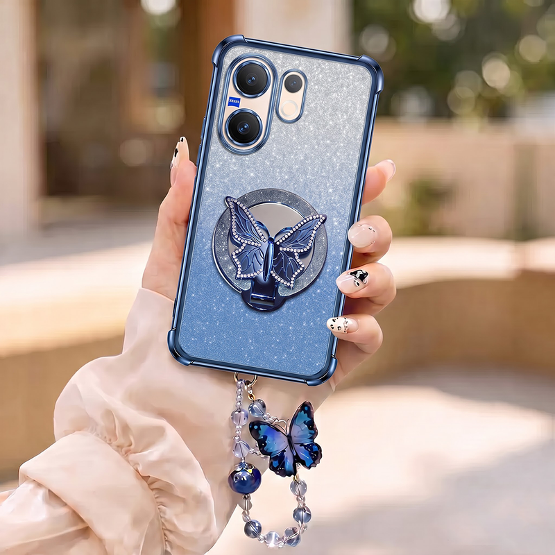 Vivo V60 5G Luxury Shimmer Airbag Butterfly Stand Case with Charm Strap