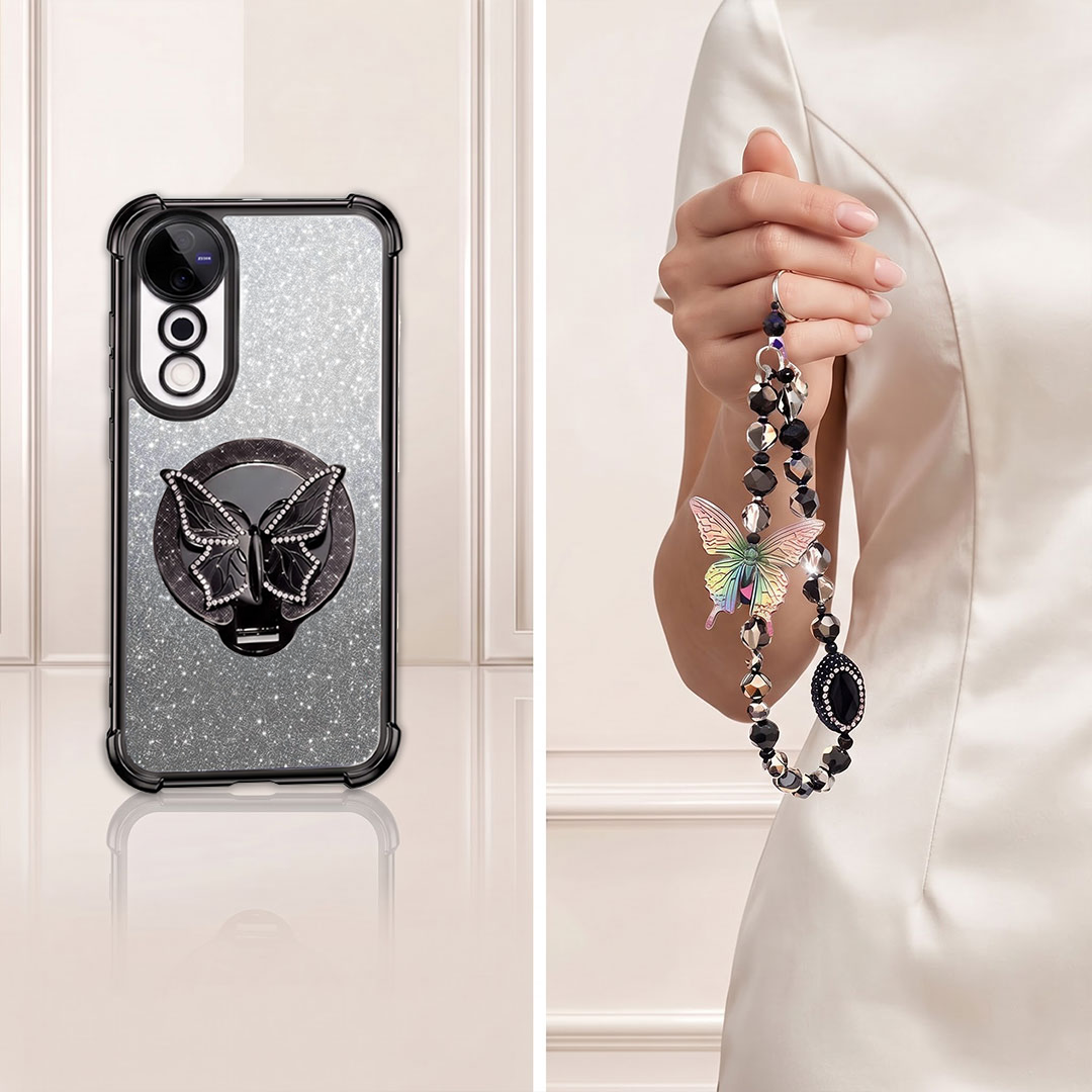 Vivo V40 Pro 5G Luxury Shimmer Airbag Butterfly Stand Case with Charm Strap
